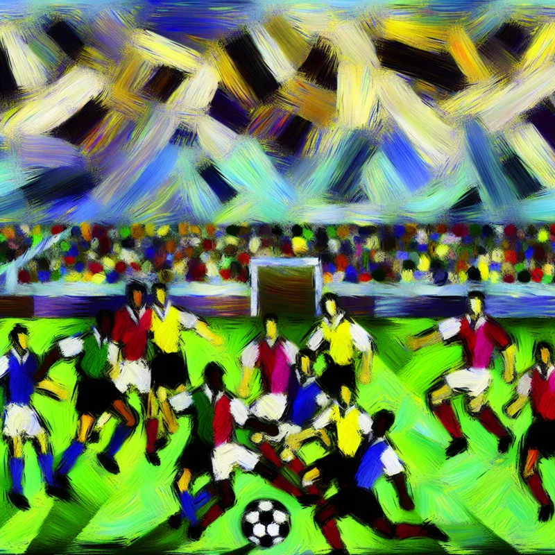 Abstract expressionistische weergave van een dynamische voetbalwedstrijd met twee teams van elf spelers op een levendig groen veld.