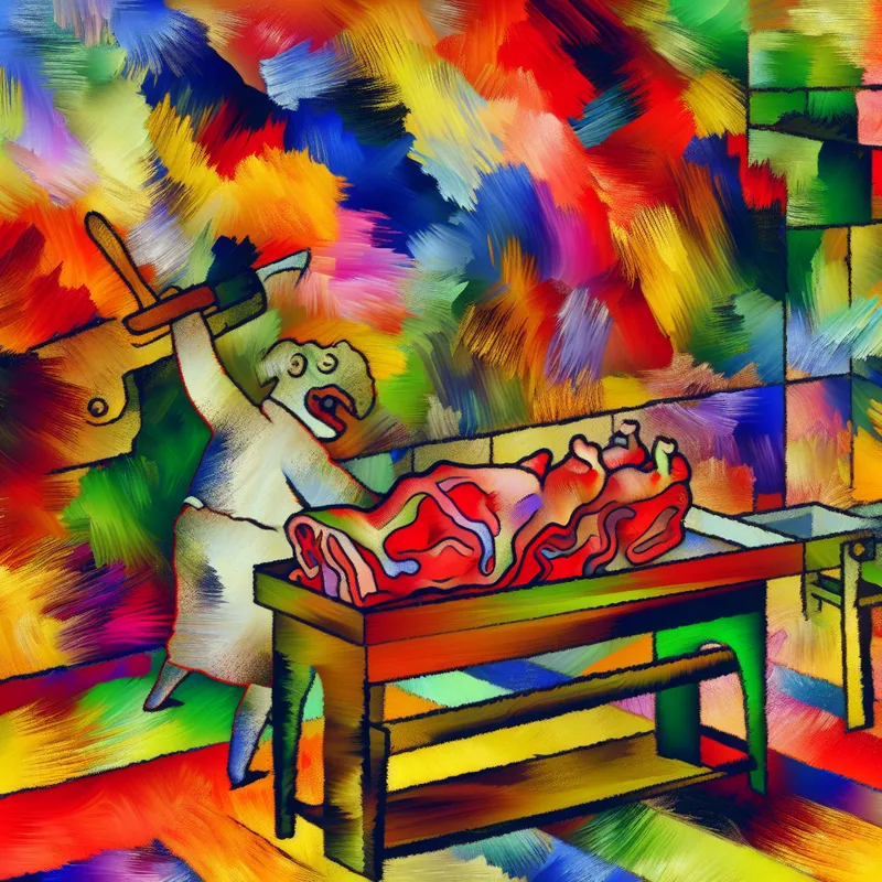 Kleurrijk abstract werkblad in de stijl van Karel Appel met een slager die vlees snijdt, omringd door levendige verfstreken en dynamische vormen