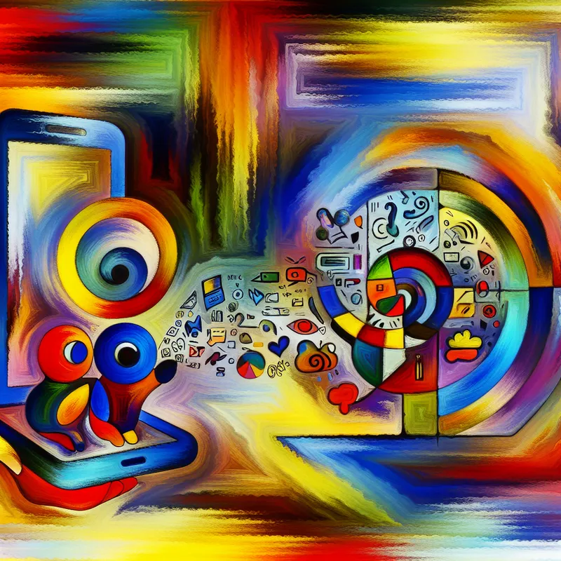 Abstracte digitale voorstelling van een levendig WhatsApp-gesprek tussen twee expressieve figuren, met felle kleuren en dynamische chatbubbels in de stijl van Karel Appel