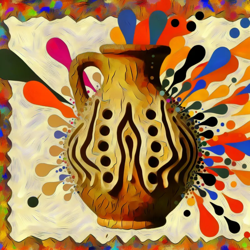 Abstracte weergave van een aardewerken pot met zichtbare poriën, cracks en levendige kleuren, symboliserend vocht dat ontsnapt.