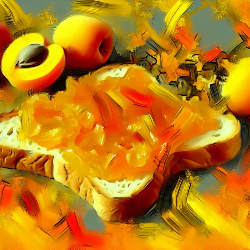 Abstracte compositie van abrikozenconfituur op brood met frisse abrikozen