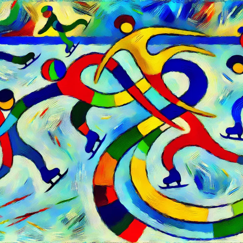 Abstracte voorstelling van schaatsers die een achtvormige figuur maken op het ijs, geïnspireerd op de stijl van Karel Appel