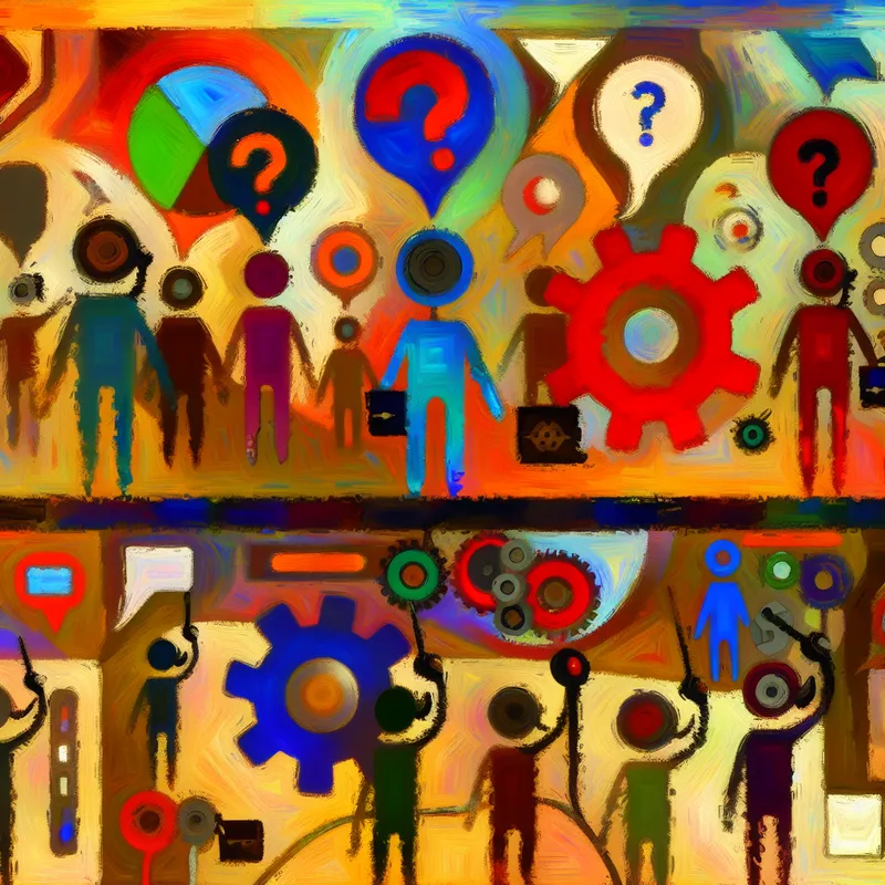 Abstracte illustratie van een energieke kantoorscène met klantenservice en technische dienst afdelingen in de stijl van Karel Appel