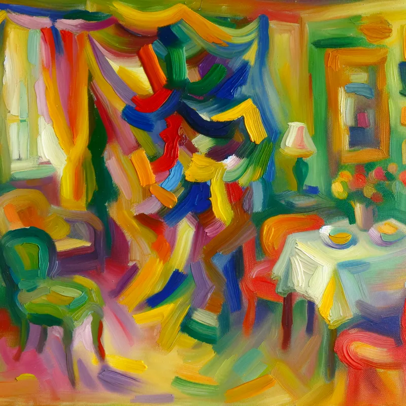 Abstracte afbeelding van een gordijn dat een woonkamer scheidt van een eetkamer, met levendige en ingetogen kleuren.