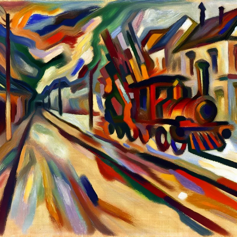 Abstracte expressieve scène van een straat met een treinstation en een verre dorpsachtergrond, geschilderd door Willem de Kooning.