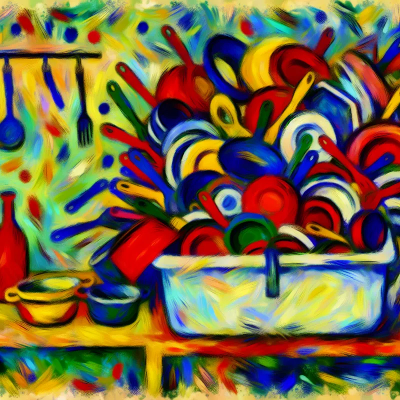 Abstracte voorstelling van een overvolle gootsteen met vuile vaat, geschilderd in expressieve stijl met felle kleuren en dikke penseelstreken