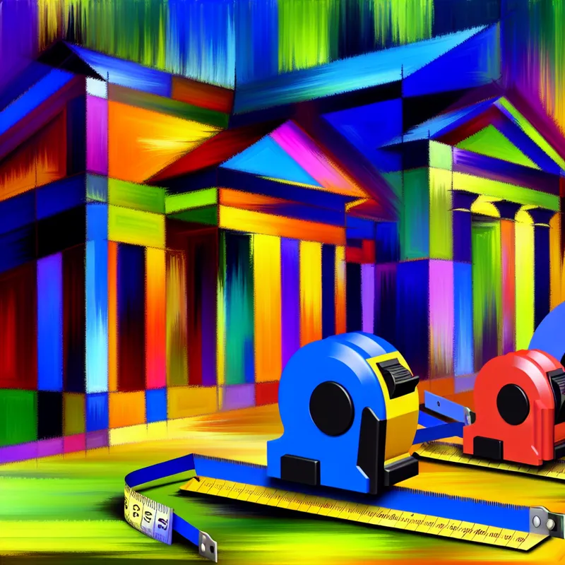 Abstracte weergave van een groot gebouw met overgedimensioneerde secties in felle kleuren, omringd door grote meetlinten en linealen.