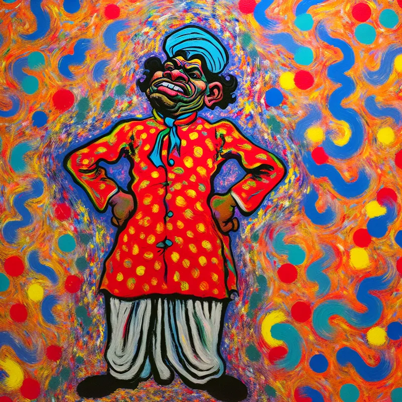 Abstracte voorstelling van een hooghartig persoon met overdreven zelfvertrouwen, geschilderd in felle kleuren en dynamische penseelstreken in de stijl van Karel Appel