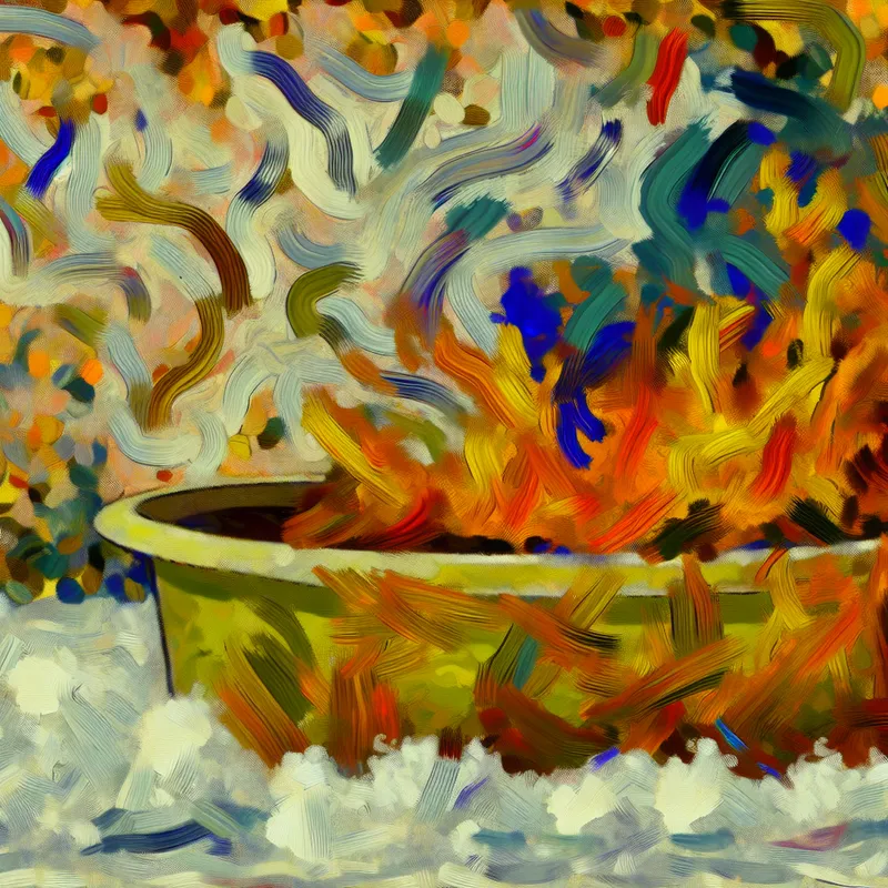 Abstracte voorstelling van een bad met felle kleuren en chaotische penseelstreken, geïnspireerd door Willem de Kooning.