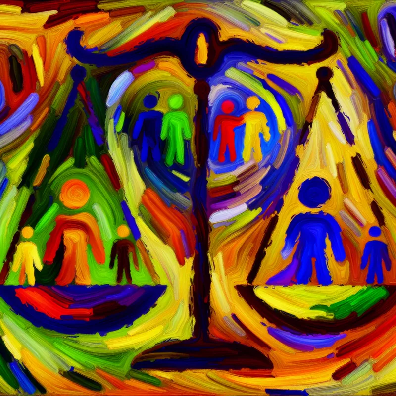 Abstract expressionistisch kunstwerk met een multi-gelijkwaardige balansschaal omgeven door levendige kleuren