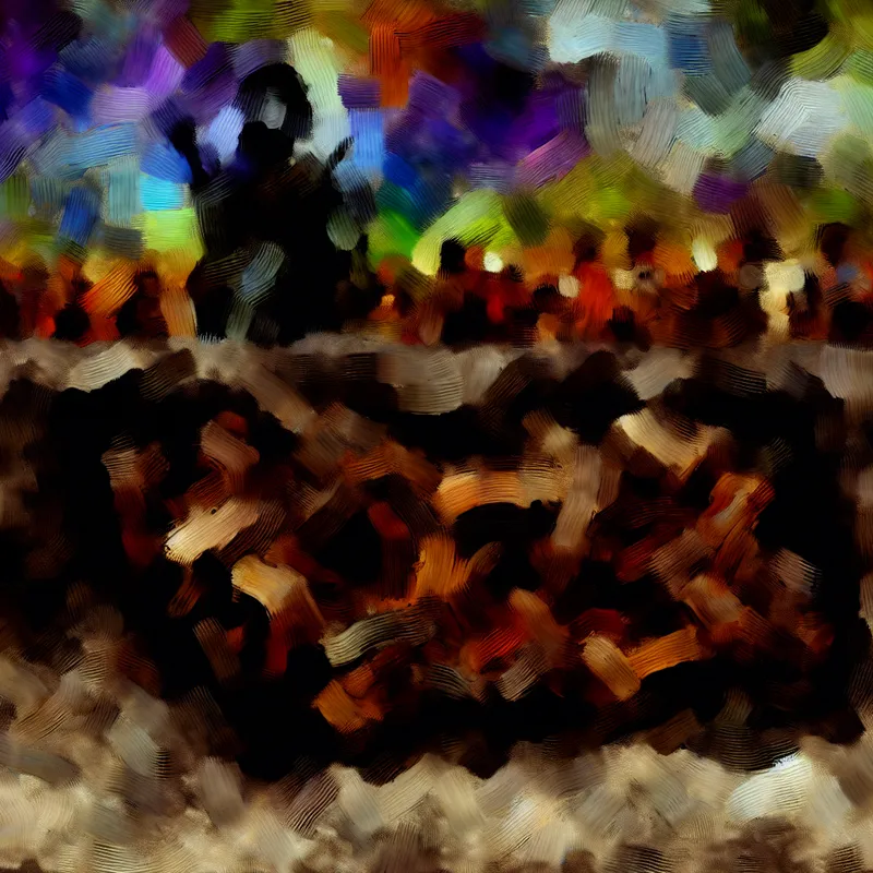 Abstracte weergave van een begrafenisscène met een symbolisch graf en rouwenden op de achtergrond.