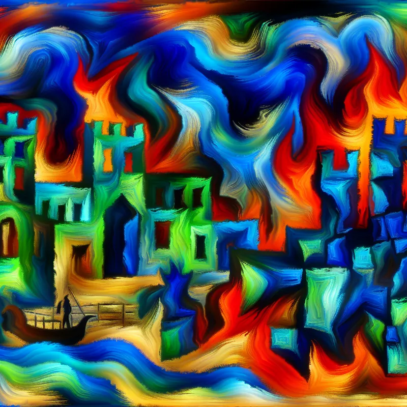 Abstracte voorstelling van een middeleeuwse stad onder beleg, symboliserend bescherming en weerstand met expressieve kleuren en vormen in de stijl van Karel Appel