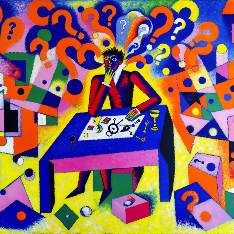 Abstract kunstwerk van een persoon aan een tafel gevuld met kaart, kompas en denk-vragen, symboliseert logisch denken en besluitvorming