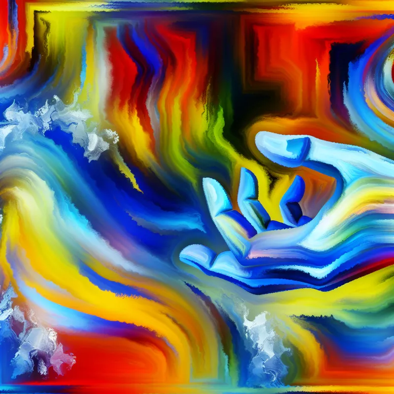 Abstracte en kleurrijke weergave van een hand die begint te bevriezen, geïnspireerd op de stijl van Karel Appel.