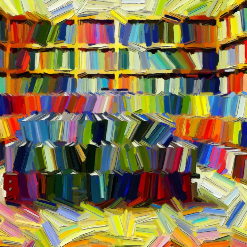 Abstracte compositie van een universitaire bibliotheek met kleurrijke wetenschappelijke tijdschriften en overlappende vormen.