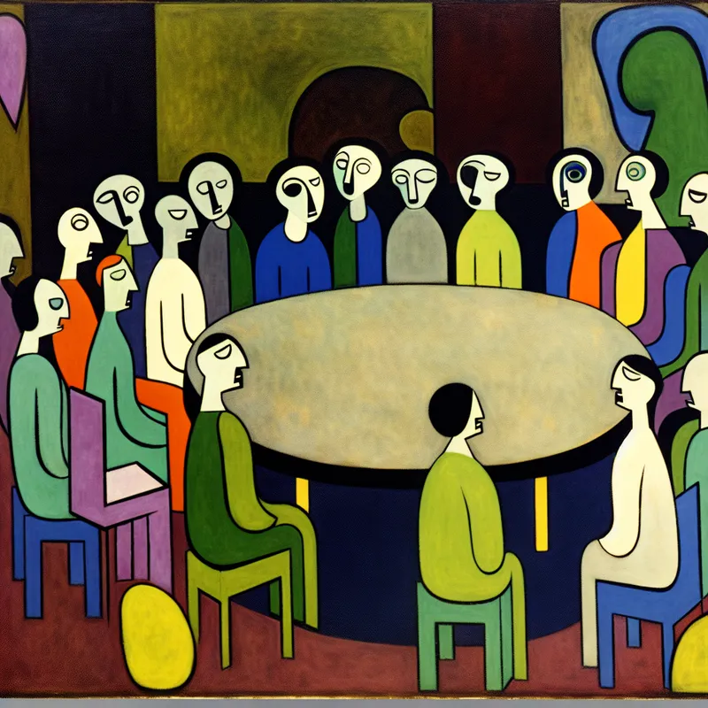 Abstracte afbeelding van een saaie bijeenkomst met kleurrijke figuren die stil zitten rond een tafel.