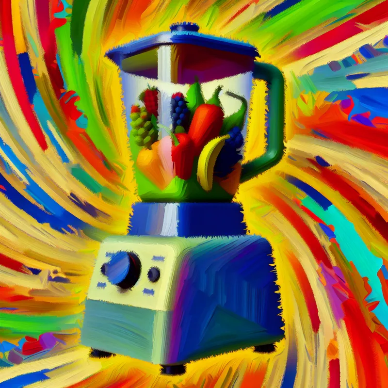 Kleurrijke abstracte compositie van een blender met fruit, symboliserend een staat van verminderde energie.