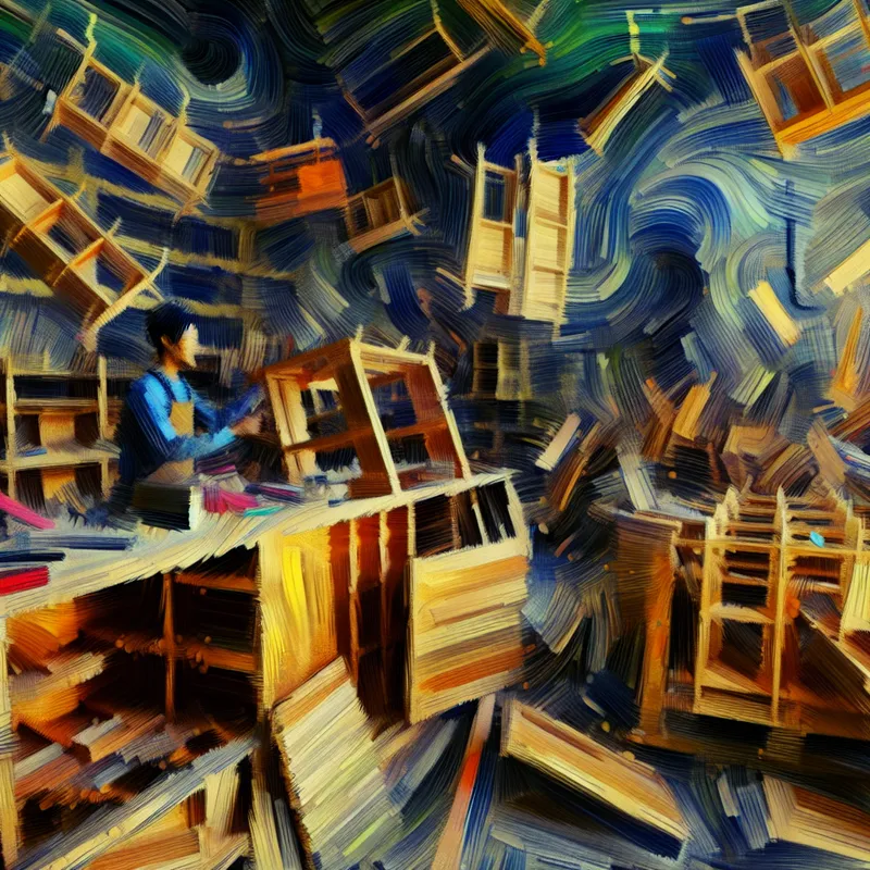 Abstracte weergave van boekenkastconstructie in Willem de Kooning stijl