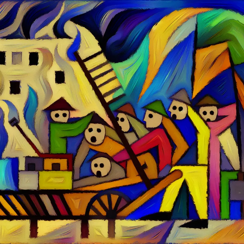 Abstracte weergave van een frustrerende bouwplaats met een onafgebouwde brug en teleurgestelde arbeiders