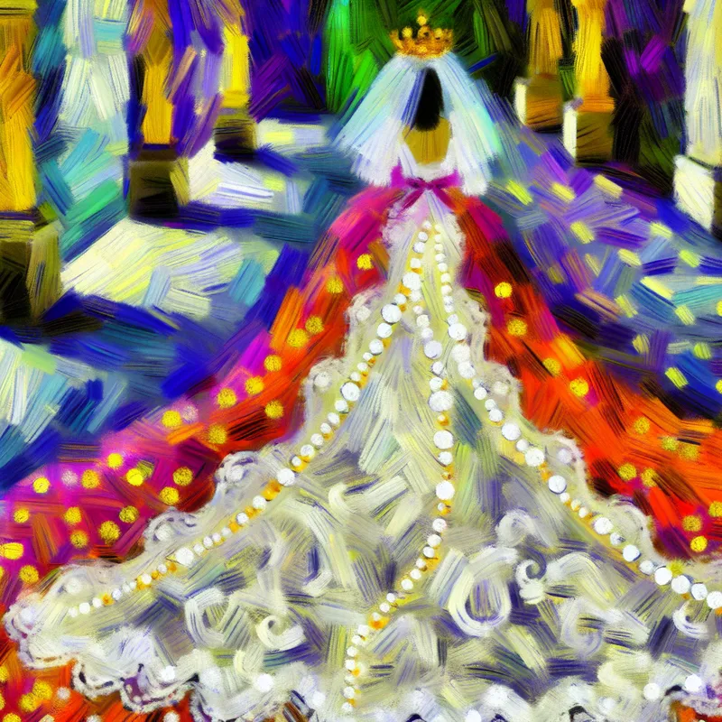 Abstracte bruid in kleurrijke trouwjurk met lange sleep vol kant en parels, geïnspireerd op Karel Appel