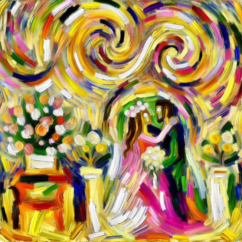 Abstract expressionist schilderij van een bruiloft met een stel omgeven door levendige kleuren en dynamische penseelstreken.