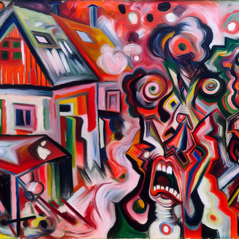 Abstract expressionistisch schilderij met twee buren in een intense ruzie te midden van een chaotische buurt