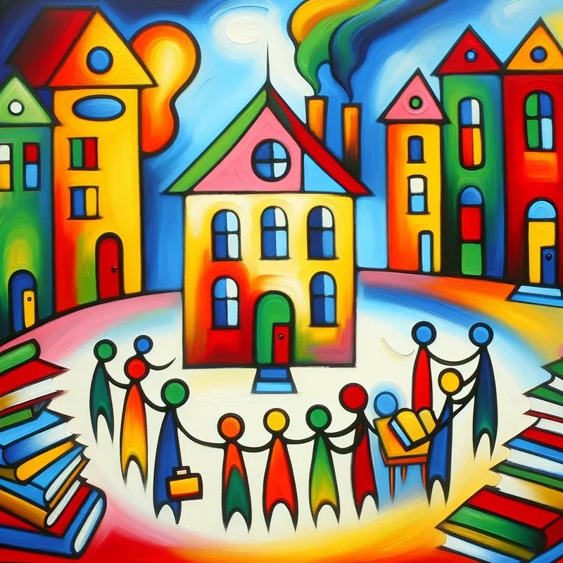 Abstracte schilderij van een buurt met een huis en kleurrijke boeken, geïnspireerd door Karel Appel.