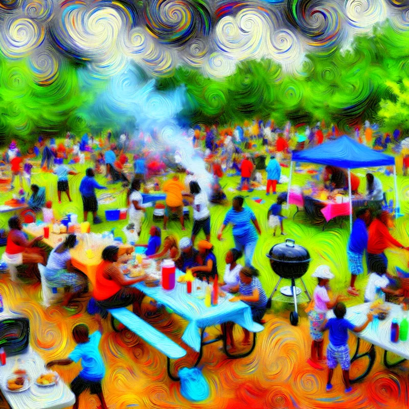 Abstracte weergave van een levendige barbecue in een park, met mensen die een grill opzetten en tafels inrichten.