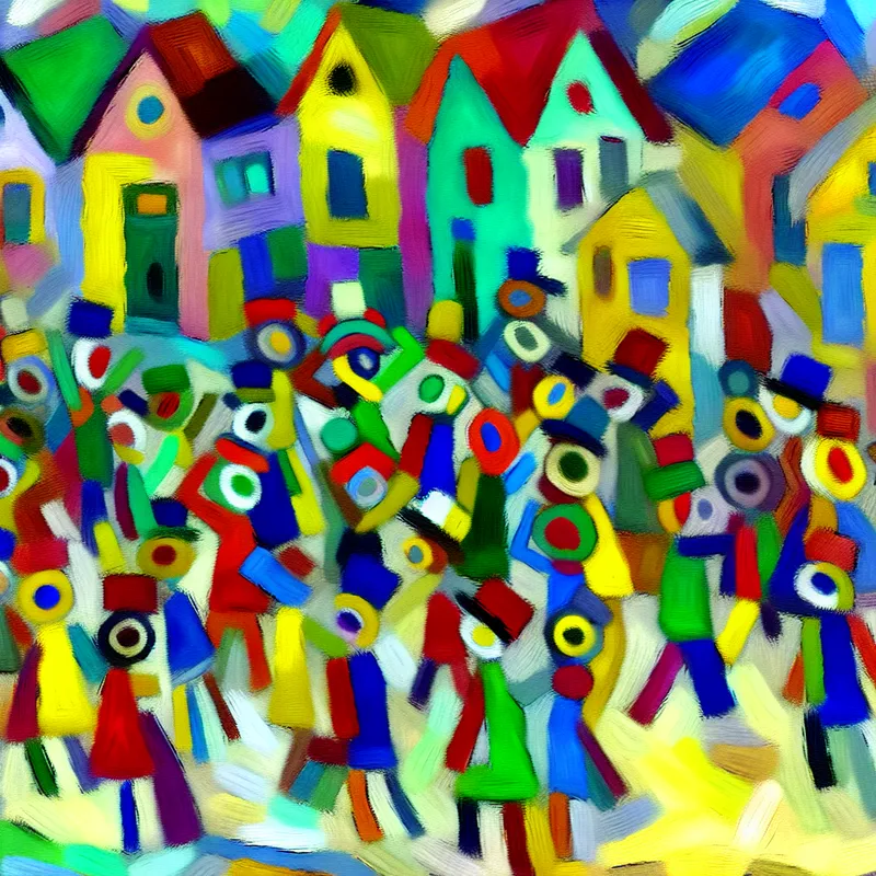 Kleurrijke, abstracte straatscène van buurtbewoners die samen feesten of actievoeren in een levendige gemeenschap, geschilderd in de expressieve stijl van Karel Appel