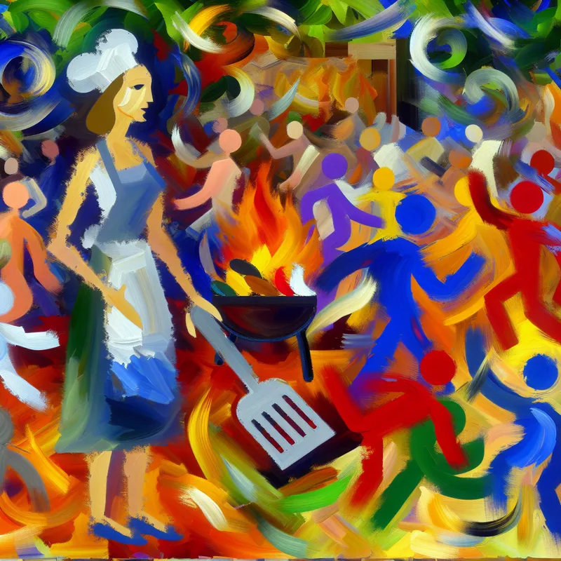 Abstracte voorstelling van een vrouw met een spatel tijdens een levendig barbecue evenement, omringd door kleurrijke figuren die een buurttreffen symboliseren.