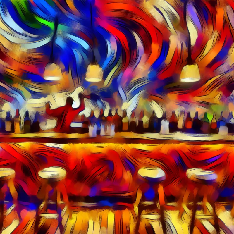 Abstract expressionistische weergave van een drukke café-toonbank met een bewegende barman en glanzend houten oppervlak