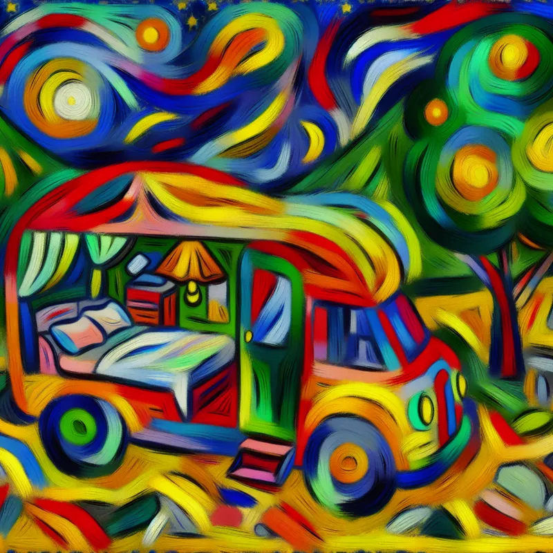 Vrolijke abstracte camper in levendige kleuren geparkeerd op een speels kampeerterrein met heuvels en sterrenhemel