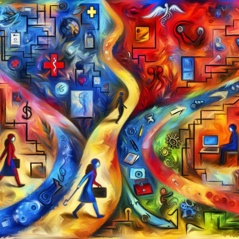 Abstract expressionistisch schilderij met twee figuren die divergerende paden volgen in een surrealistisch landschap, één pad met medische symbolen en de ander met technologie-elementen.