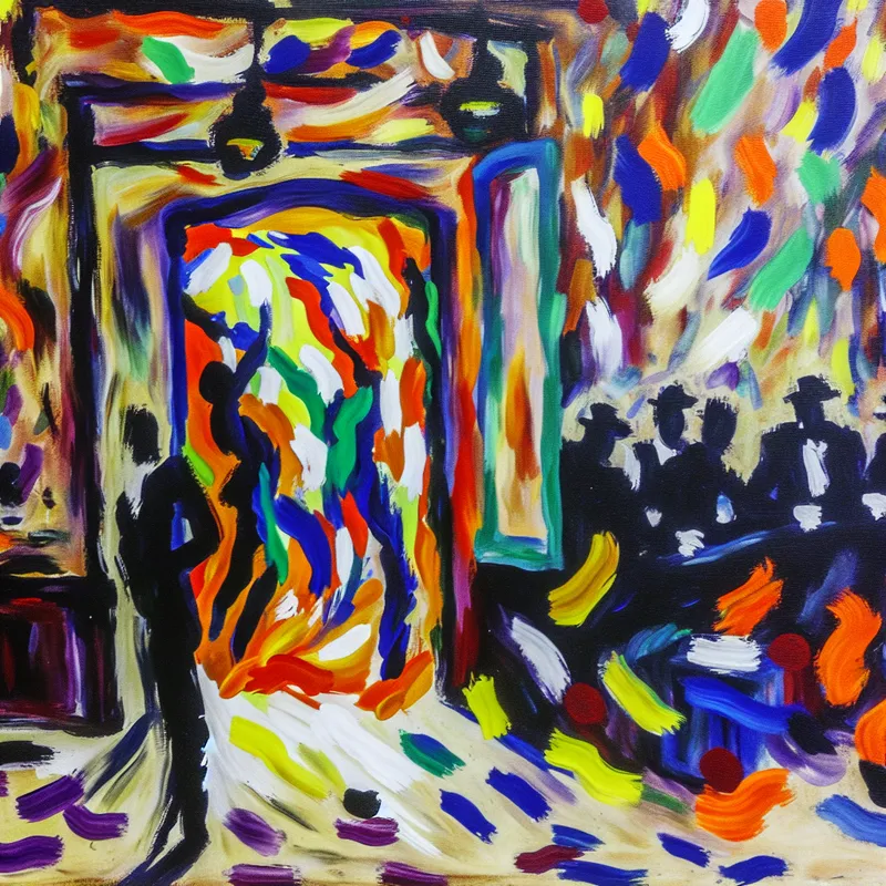 Abstract expressionist schilderij van een chaotische clubingang met een grote deur en schimmige figuren die zich vermaken binnenin