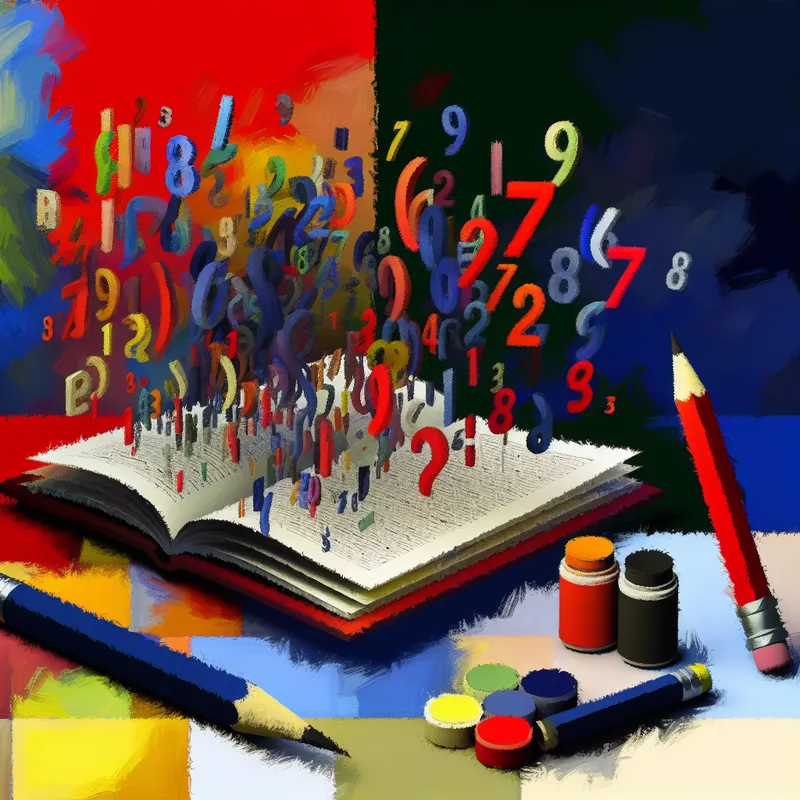 Een abstracte afbeelding van een groot open notitieboek vol kleurrijke woorden, omringd door oversized potloden en penselen. Woorden en letters zweven op de achtergrond.