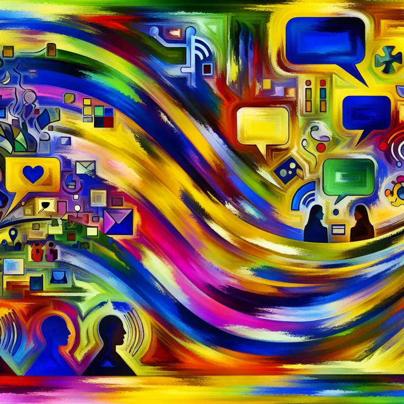 Kleurrijke abstracte weergave van communicatiemethoden met sociale media iconen en non-verbale communicatie.