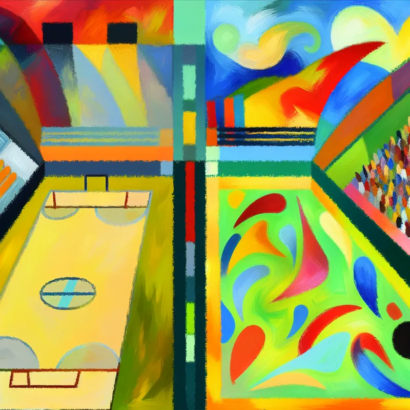 Abstracte illustratie van een competitiescenario met een chaotische en minder kleurrijke linkerkant en een levendige, kleurrijke rechterkant.