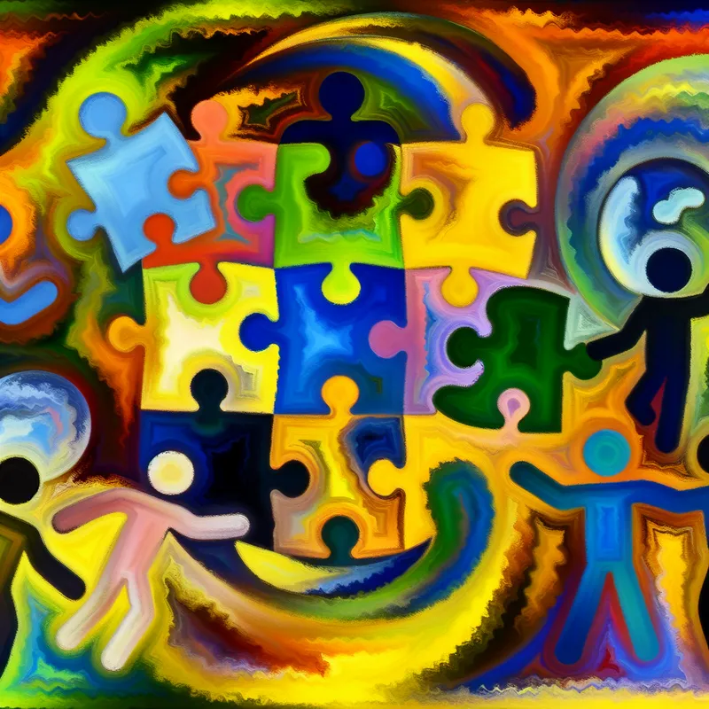 Abstracte compositie die het concept 'aandeel' illustreert, met diverse mensen die kleurrijke puzzelstukken bijdragen aan een groter, onafgemaakt puzzel.