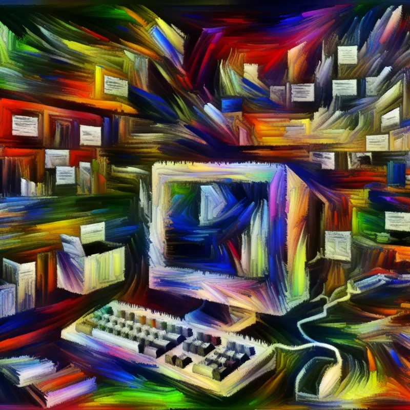 Abstracte interpretatie van een computer in een chaotische werkomgeving, met kleurige vormen die verschillende open programma's voorstellen.