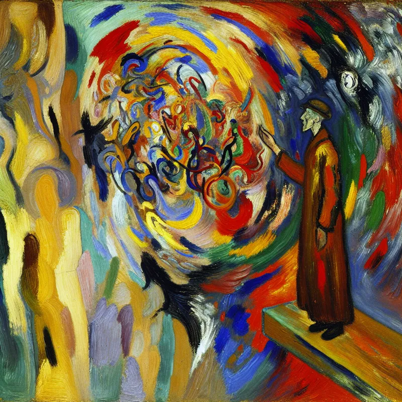 Abstract expressionistisch schilderij van een figuur die terugkijkt op een chaotisch, kleurrijk pad, symboliserend een conclusie of samenvatting