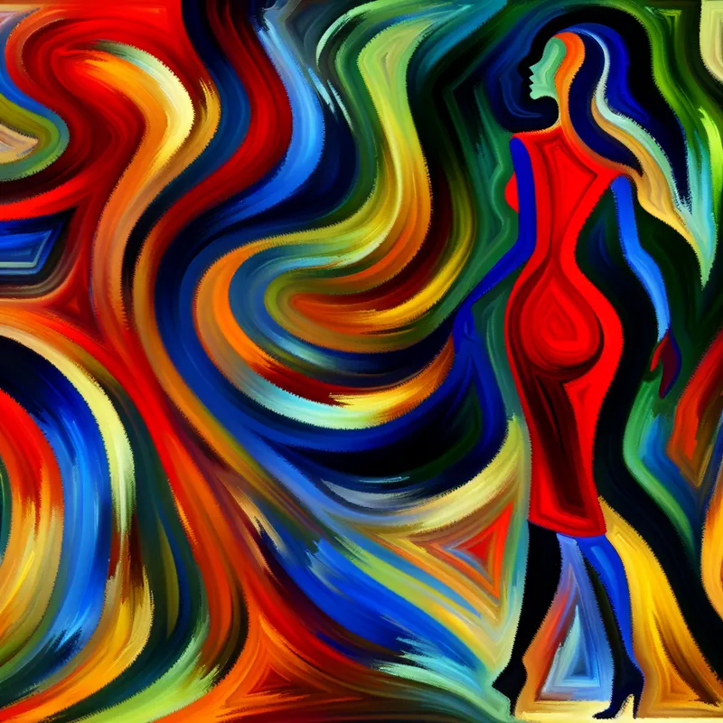 Abstract schilderij van een vrouw in een strakke jurk met dynamische contouren, geïnspireerd op Karel Appel