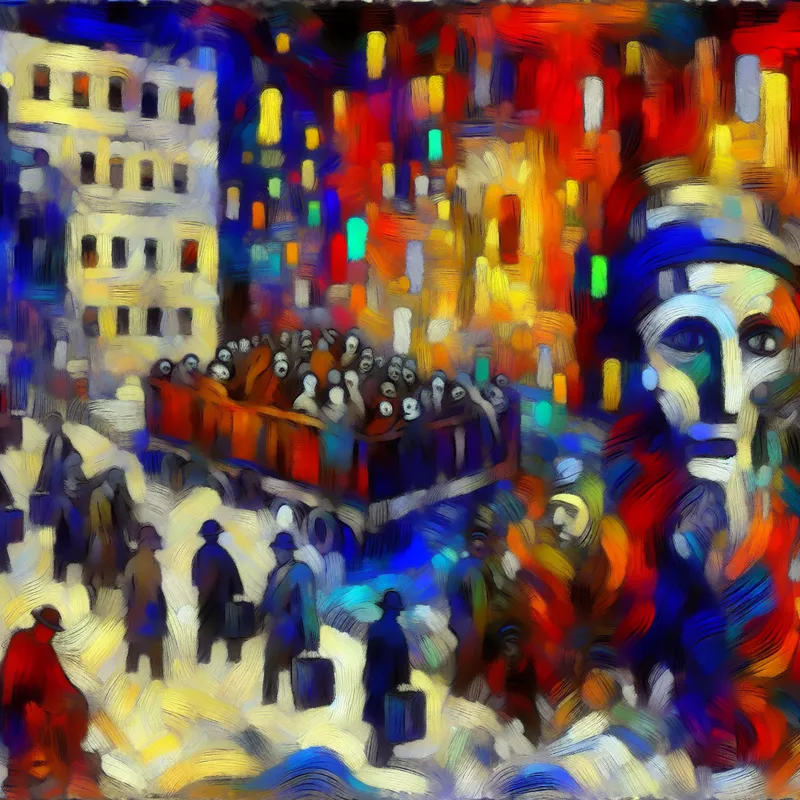 Abstracte voorstelling van criminaliteit in de samenleving met felle kleuren en vervormde figuren in de stijl van Karel Appel