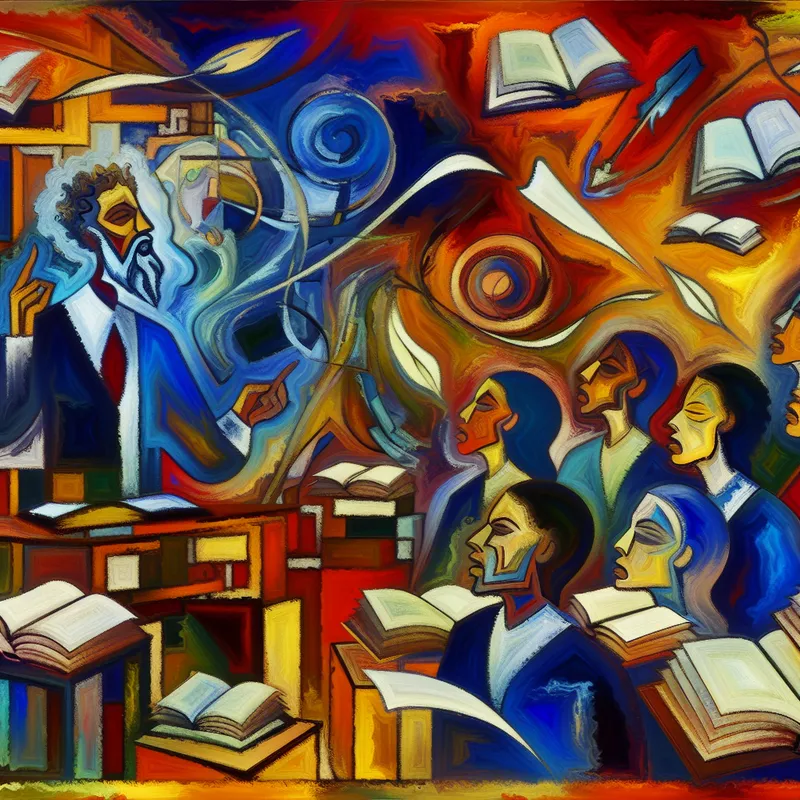 Abstract expressionistisch schilderij van een docent die een cursus geeft aan een groep volwassen studenten in een moderne klas, met levendige kleuren en dynamische penseelstreken