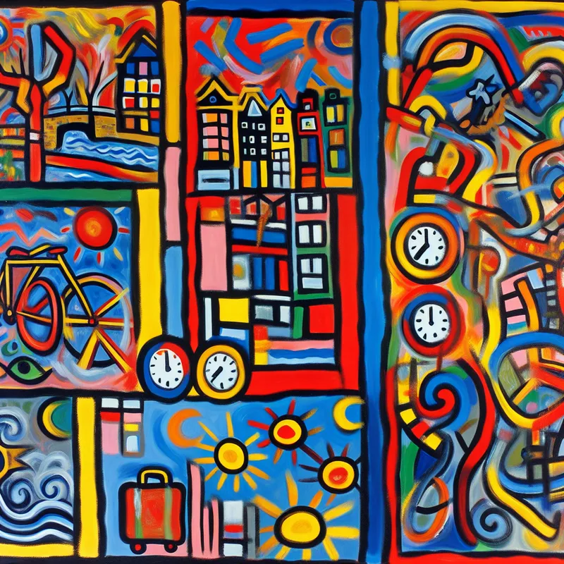 Abstract schilderij van drie dagen met kleurrijke symbolen zoals klokken, zonnen, manen en Amsterdamse iconen in de expressieve stijl van Karel Appel