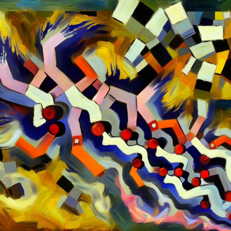 Abstracte voorstelling van een dalende prestatie met chaotische vormen en bold lijnen in de stijl van Willem de Kooning.