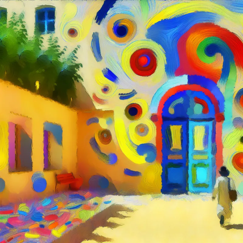 Abstracte afbeelding van een grote kleurrijke deur die opent naar een levendige binnenplaats, met een kindachtige figuur die ernaar toe loopt.