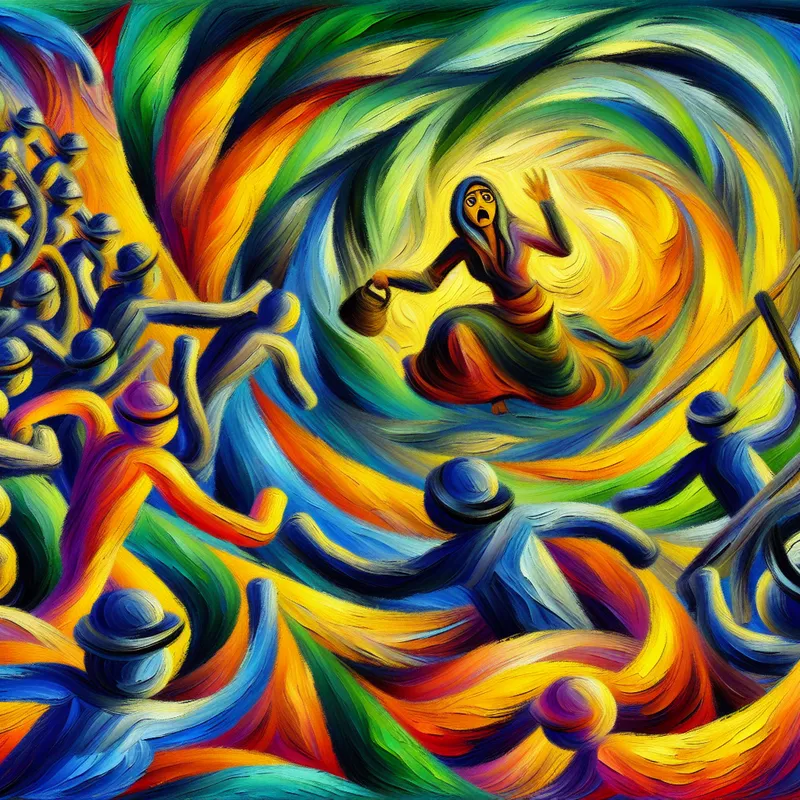 Abstract expressionistische afbeelding van een verontruste dief omringd door kleurrijke wervelingen die de chaos en spanning van zijn situatie symboliseren.