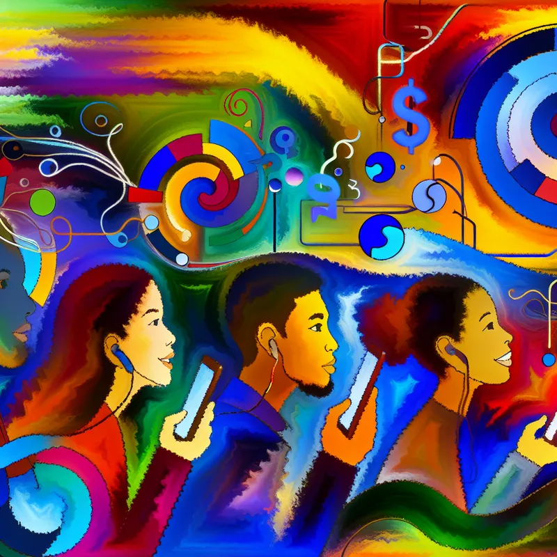 Abstracte digitale compositie met levendige kleuren, waarin jongeren met smartphones interactie hebben, omringd door sociale media-vormen.