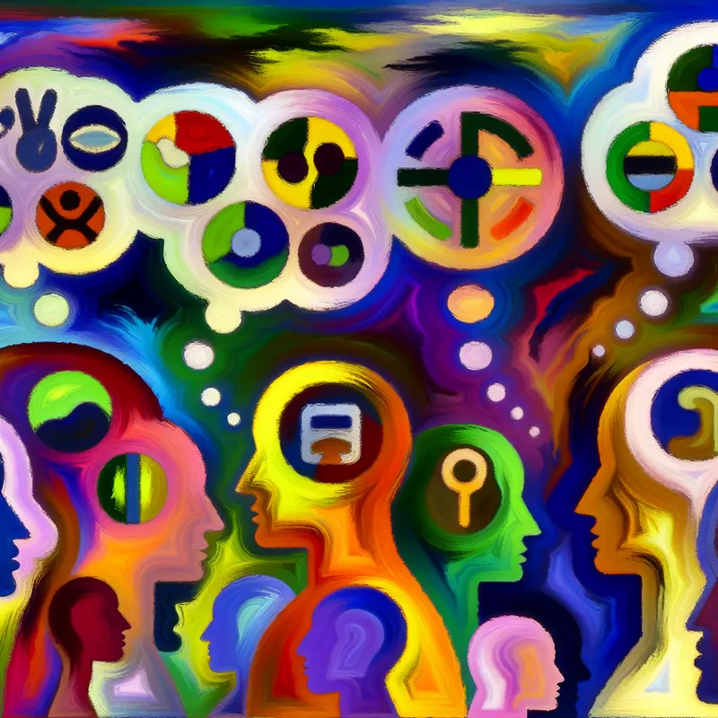 Abstracte weergave van diverse gedachten en meningen over duurzaamheid met kleurrijke denkballonnen boven stylized figuren.