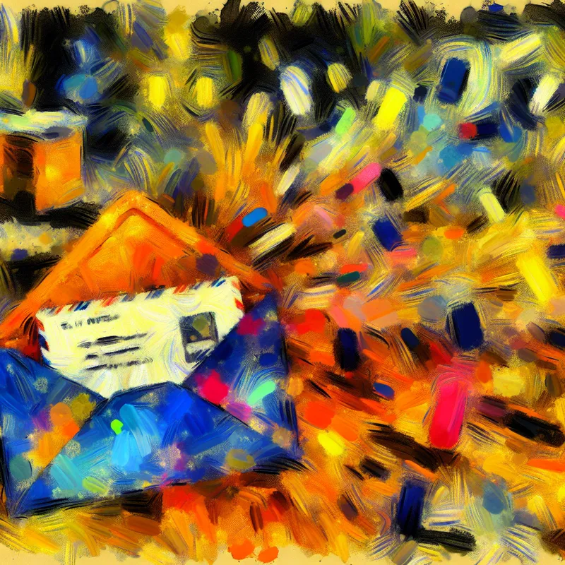 Abstract expressionistisch kunstwerk van een kleurrijke envelop met een open brief, omgeven door spetterende verf en levendige penseelstreken.